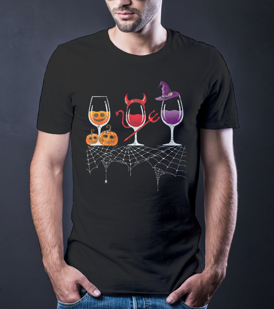 Vintage Halloween Red Devil Purple Witch Wine Glass Pumpkin Faces T-Shirt