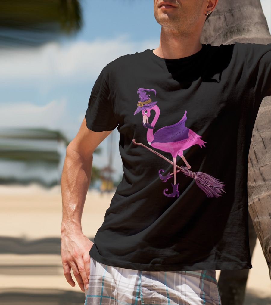 Flamingo Witch Riding Broomstick Funny Halloween T-Shirt