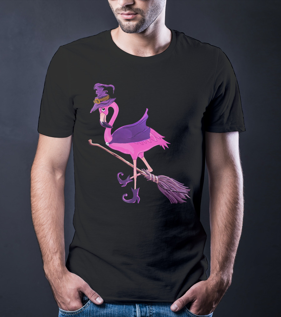 Flamingo Witch Riding Broomstick Funny Halloween T-Shirt