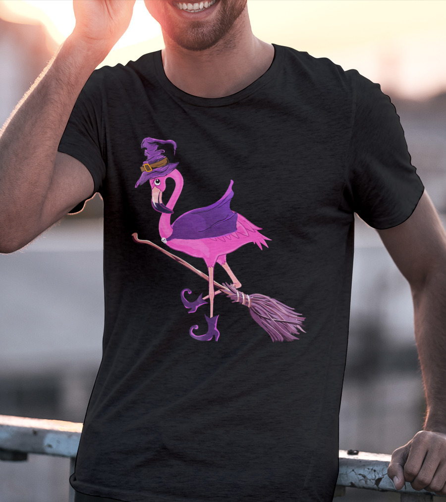Flamingo Witch Riding Broomstick Funny Halloween T-Shirt