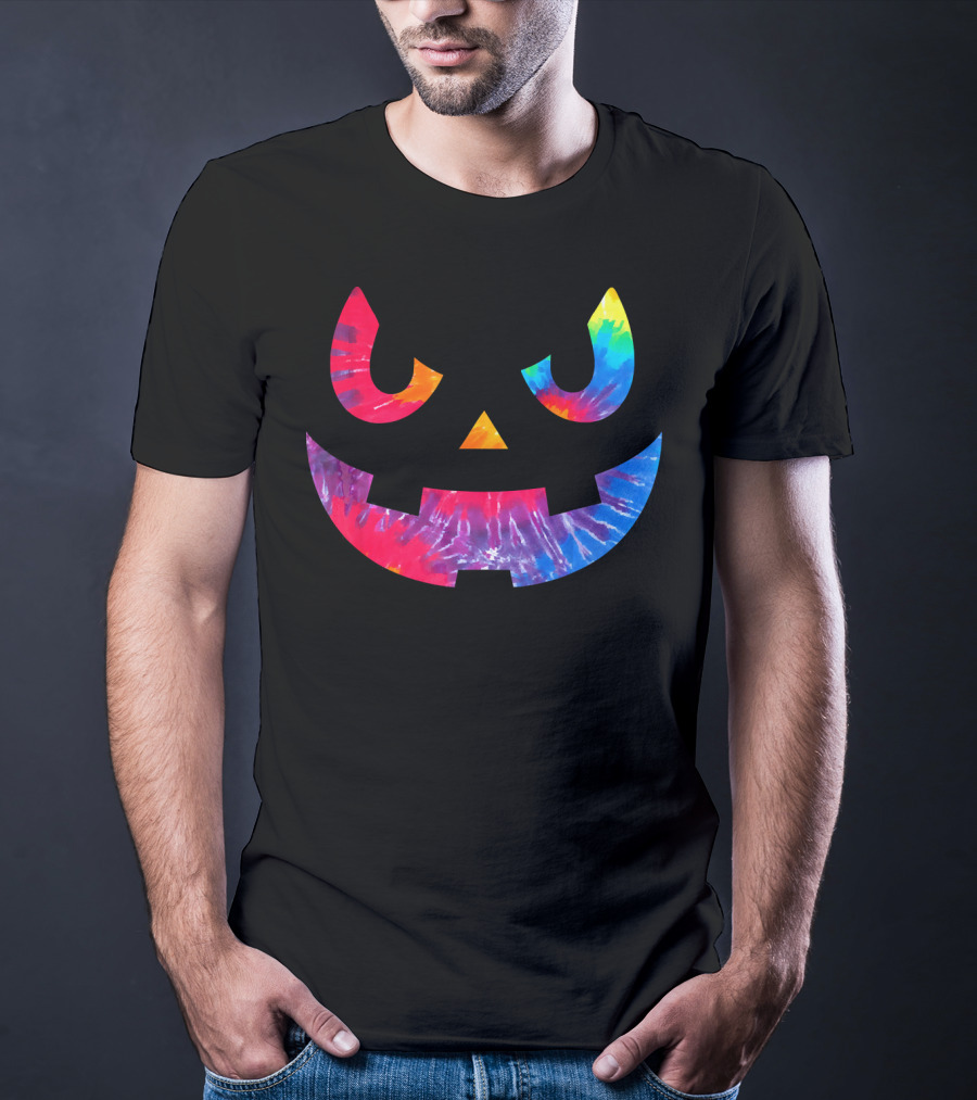 Scary Rainbow Tie Dye Jack O Lantern Face T-Shirt
