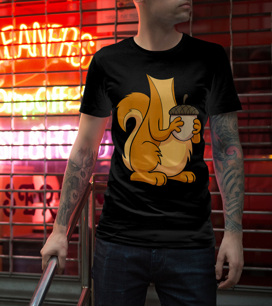 Squirrel Holding Acorn Cartoon T-Shirt