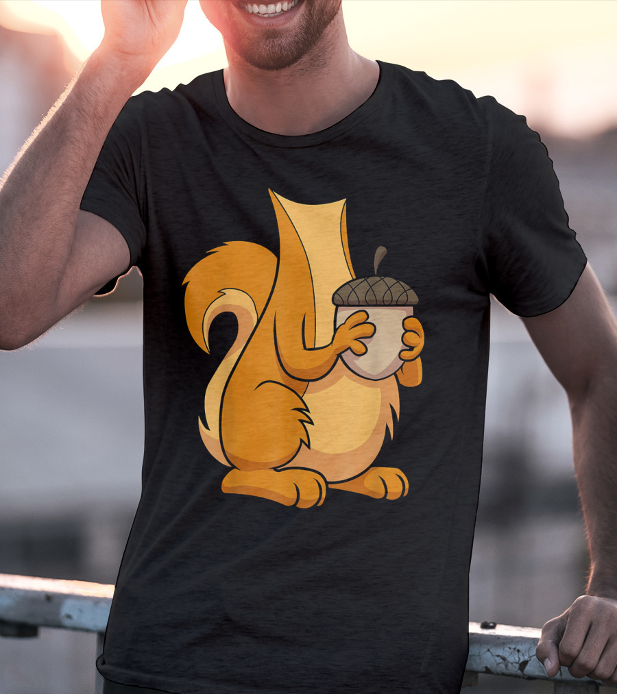 Squirrel Holding Acorn Cartoon T-Shirt