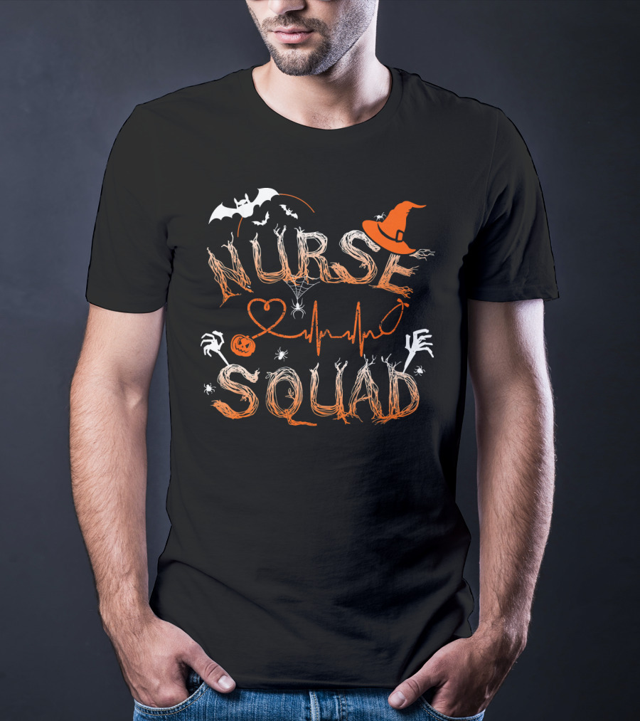 Nurse Squad Halloween Theme With Witch Hat And Bat Elements T-Shirt