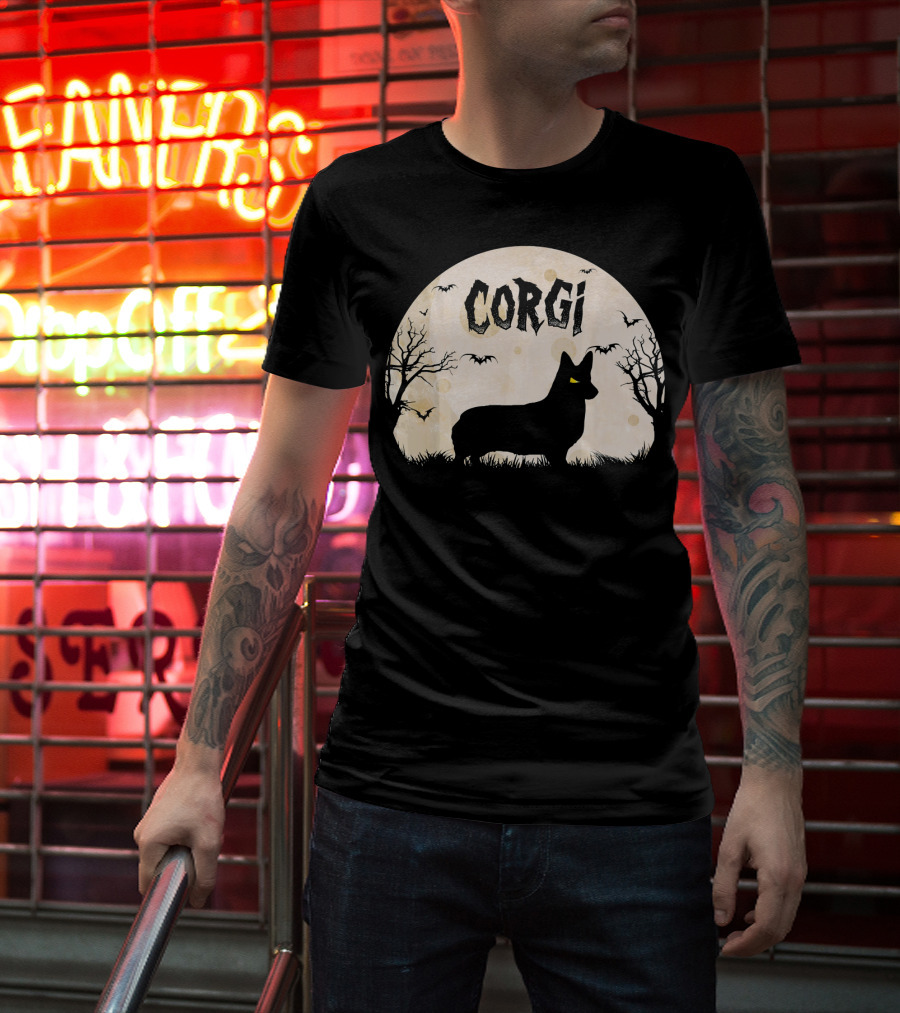 Corgi Halloween Horror Silhouette With Moon And Bats T-Shirt