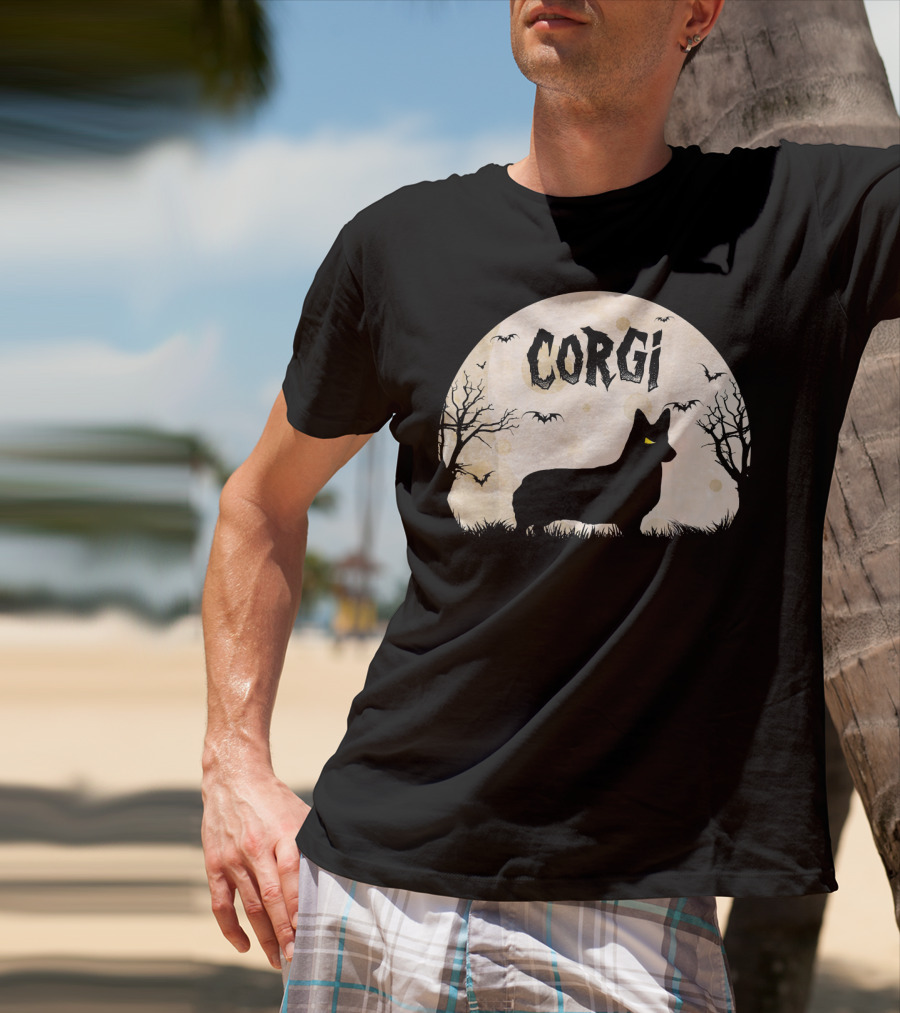 Corgi Halloween Horror Silhouette With Moon And Bats T-Shirt