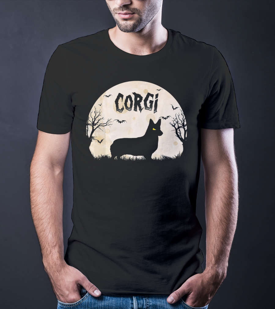 Corgi Halloween Horror Silhouette With Moon And Bats T-Shirt
