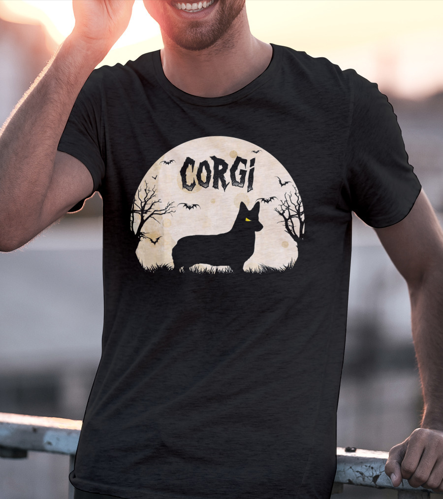 Corgi Halloween Horror Silhouette With Moon And Bats T-Shirt