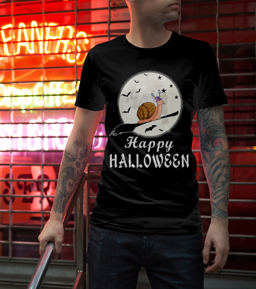 Happy Halloween Snail Riding Broomstick With Full Moon And Bats T-Shirt