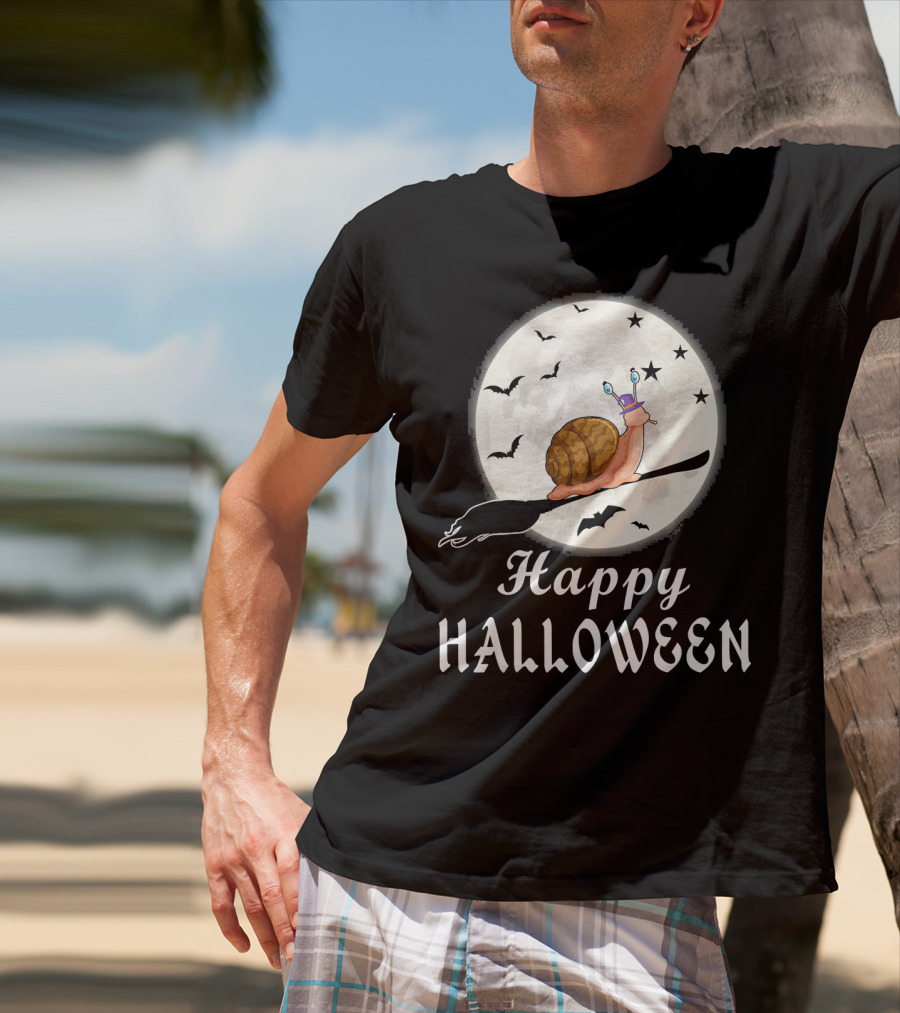 Happy Halloween Snail Riding Broomstick With Full Moon And Bats T-Shirt