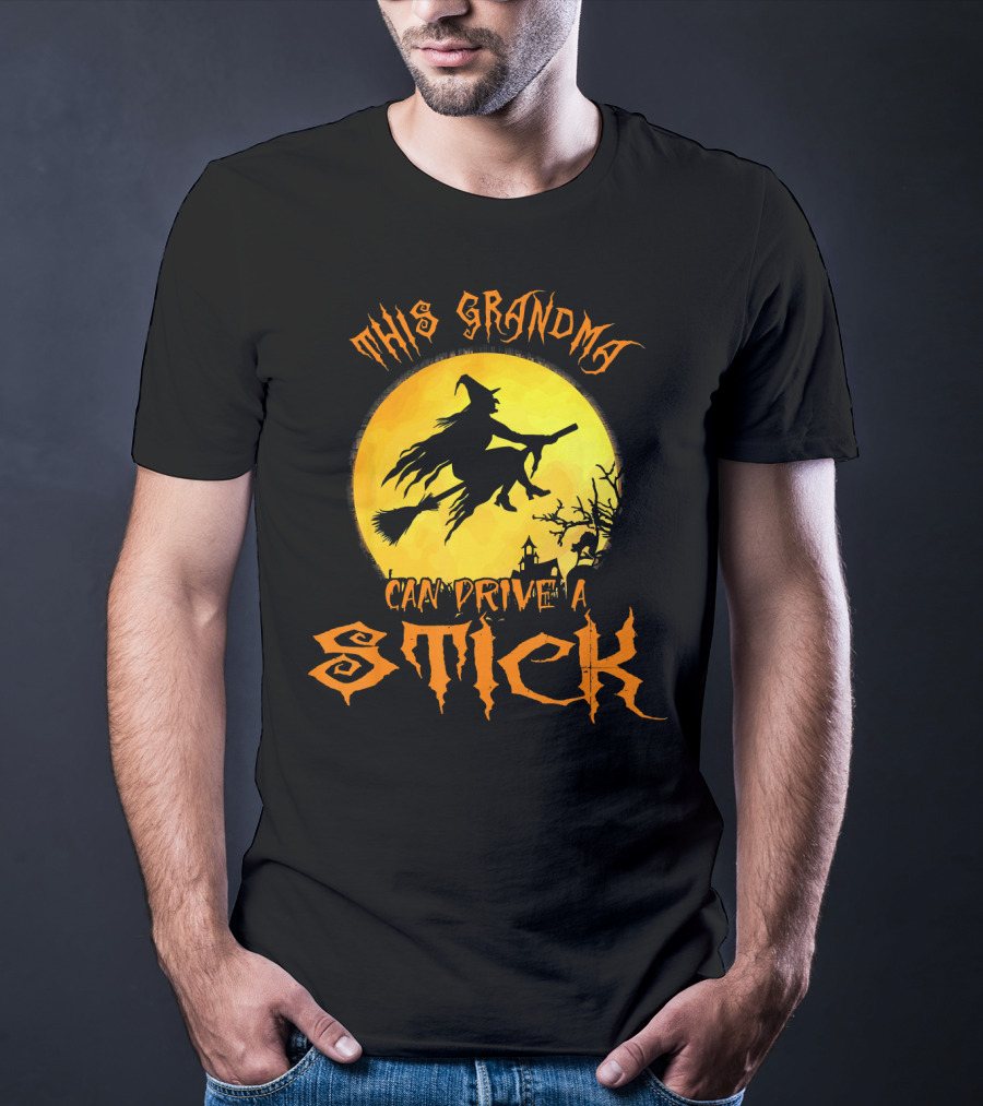 This Grandma Can Drive A Stick Witch Silhouette Flying Broomstick Full Moon Halloween Scene T-Shirt