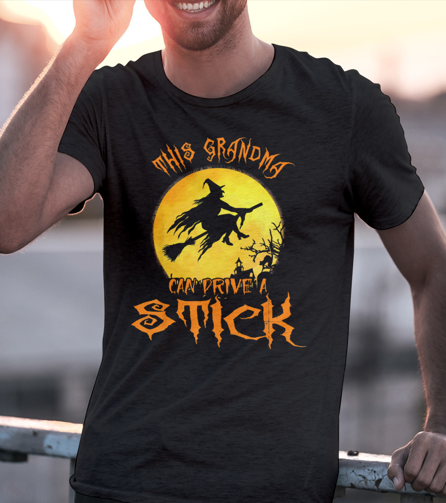 This Grandma Can Drive A Stick Witch Silhouette Flying Broomstick Full Moon Halloween Scene T-Shirt