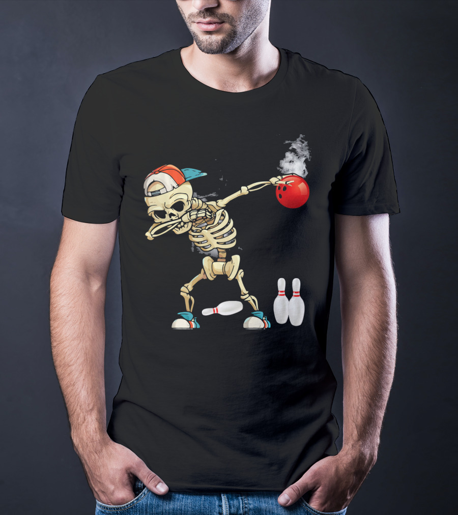 Dabbing Skeleton Holding Red Bowling Ball With Pins T-Shirt