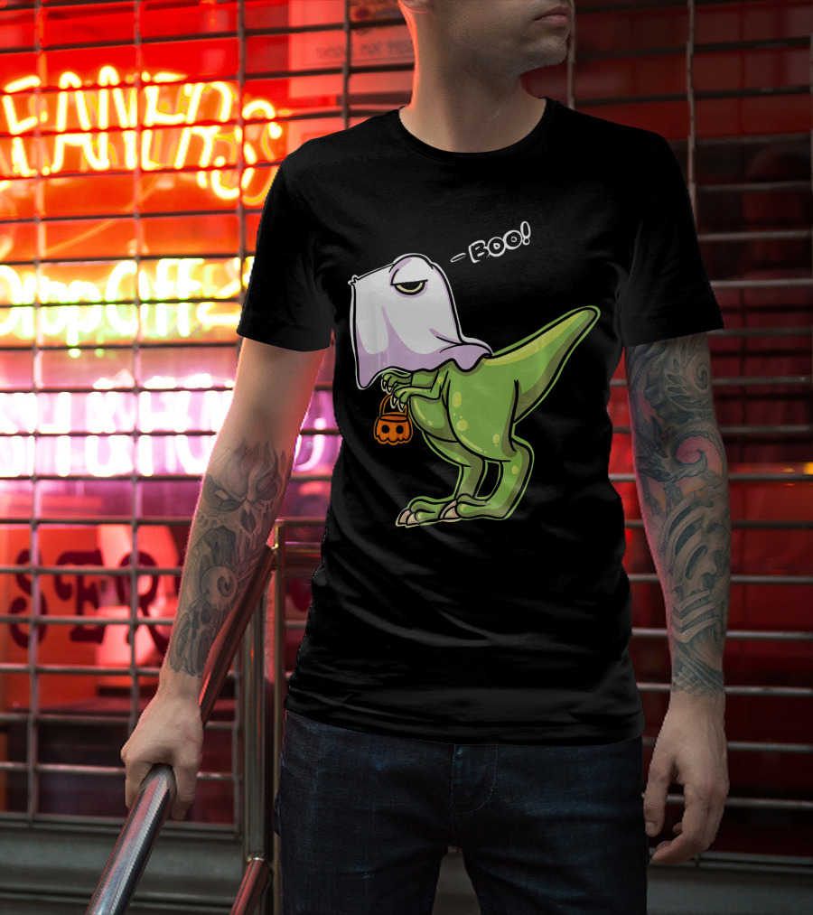 Funny Dinosaur Dressed As Halloween Ghost With Boo Text And Pumpkin T-Shirt