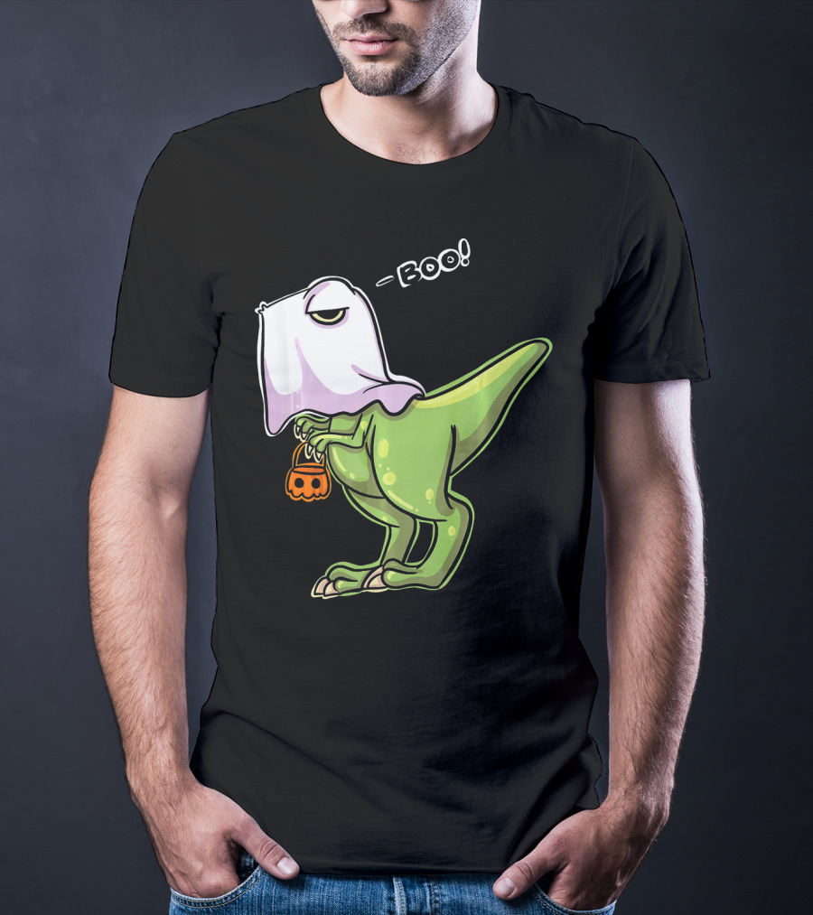 Funny Dinosaur Dressed As Halloween Ghost With Boo Text And Pumpkin T-Shirt