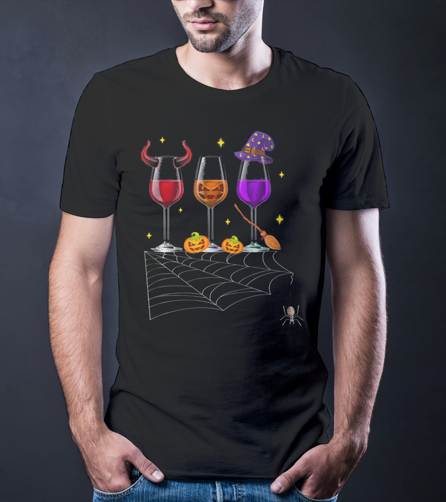 Halloween Wine Glasses Devil Witch Pumpkin Decor With Spider And Web T-Shirt
