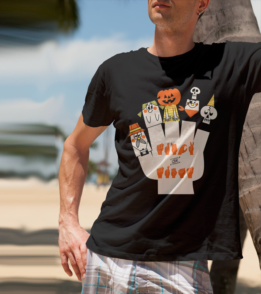 Trick Or Treat ASL Halloween Hand Signs With Pumpkin And Ghost Characters T-Shirt
