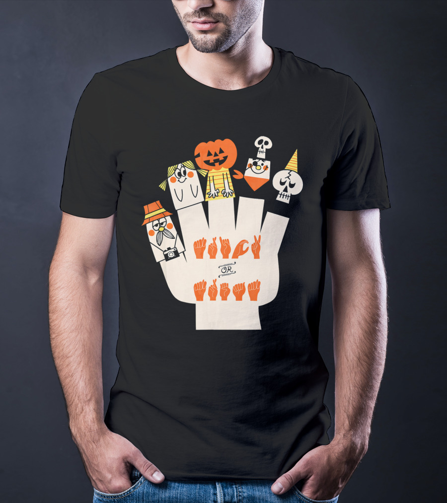 Trick Or Treat ASL Halloween Hand Signs With Pumpkin And Ghost Characters T-Shirt