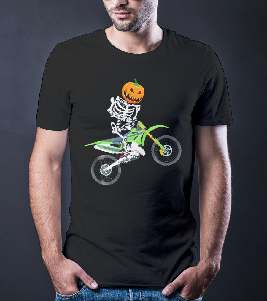 Skeleton Dirt Bike Halloween Pumpkin Rider T-Shirt