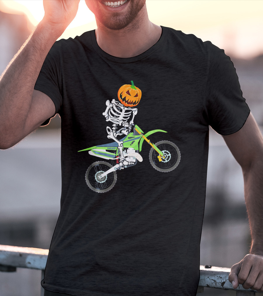 Skeleton Dirt Bike Halloween Pumpkin Rider T-Shirt