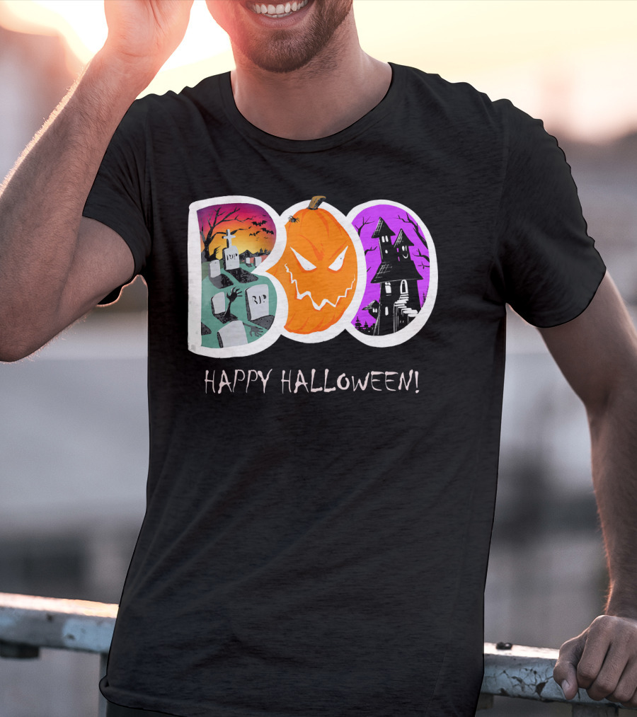 Happy Halloween Boo Trick Or Treat Pumpkin Graveyard Haunted House T-Shirt
