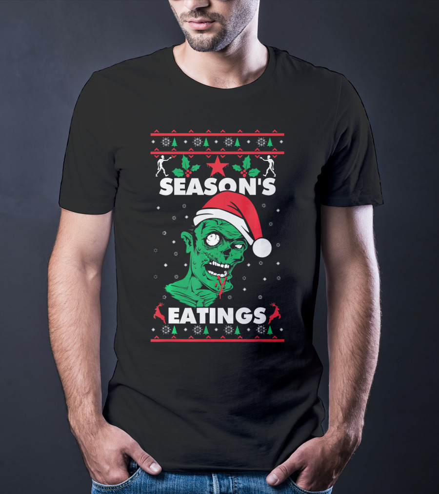 Season's Eatings Ugly Christmas Zombie Santa Hat Snowflakes T-Shirt