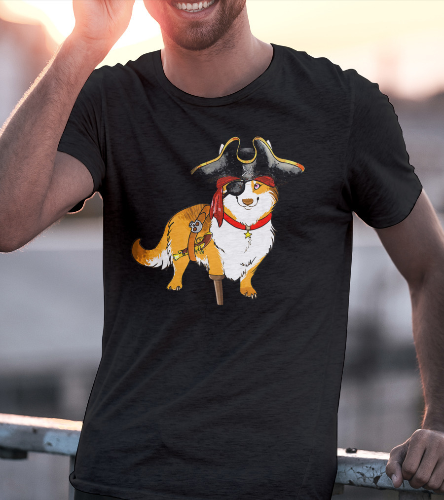 Funny Corgi Pirates With Pegleg And Eyepatch T-Shirt
