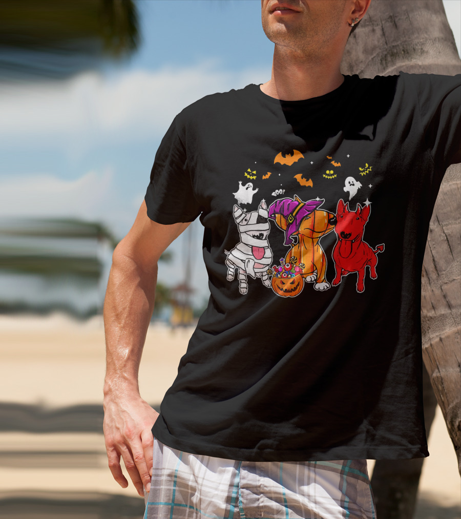 Adorable Bull Terrier Trio In Halloween Costumes With Spooky Ghosts And Bats T-Shirt