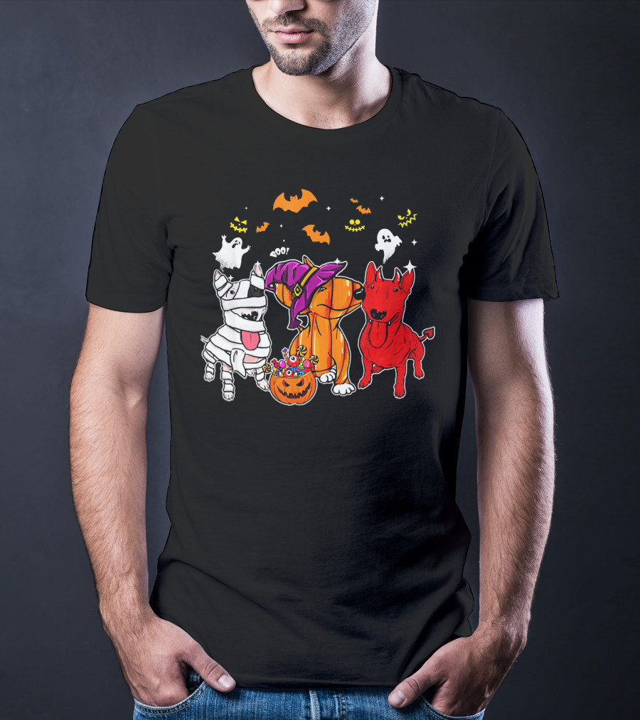Adorable Bull Terrier Trio In Halloween Costumes With Spooky Ghosts And Bats T-Shirt