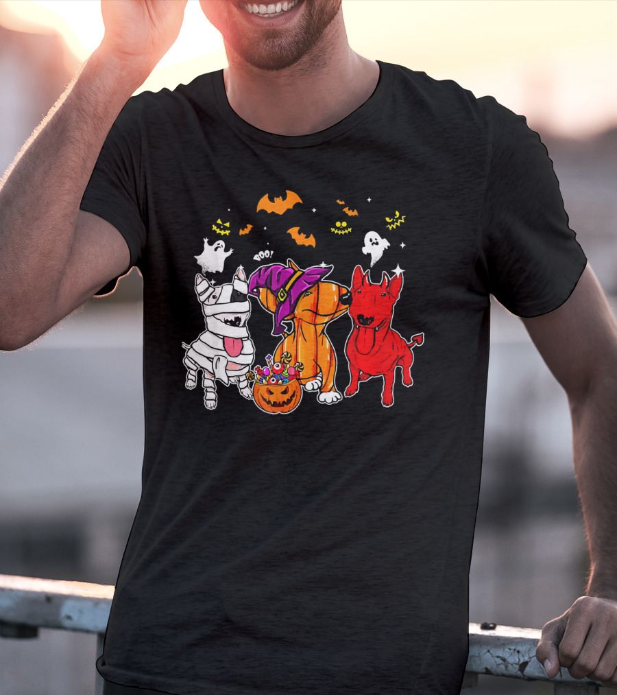 Adorable Bull Terrier Trio In Halloween Costumes With Spooky Ghosts And Bats T-Shirt