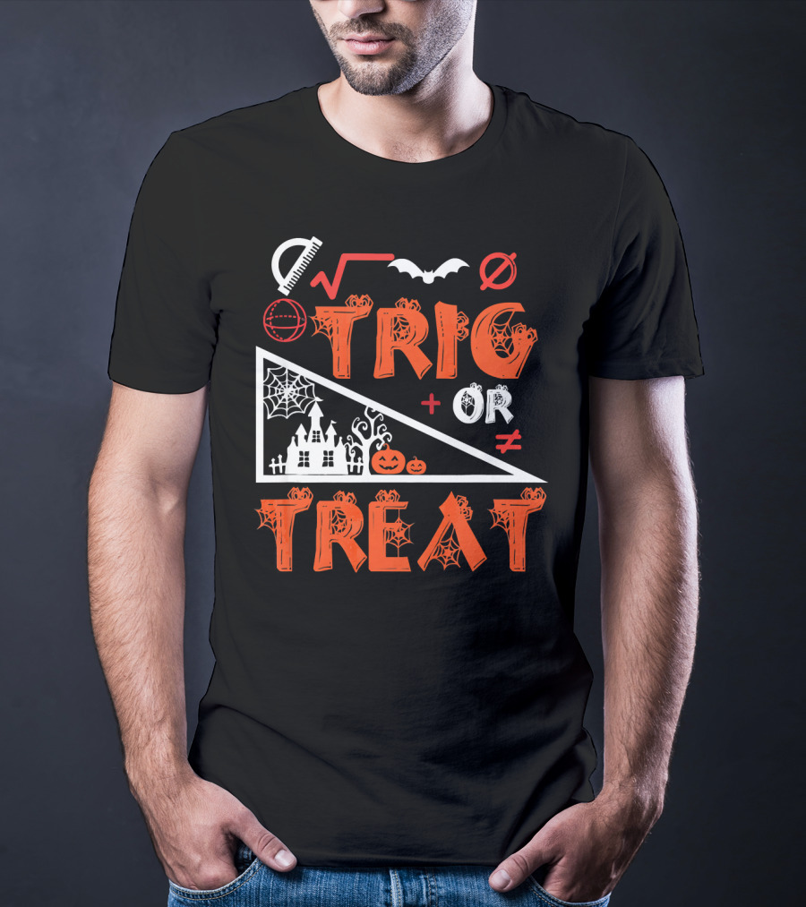 Trig Or Treat Math Halloween Costume Concept With Spooky Castle, Spider Webs, And Math Symbols T-Shirt
