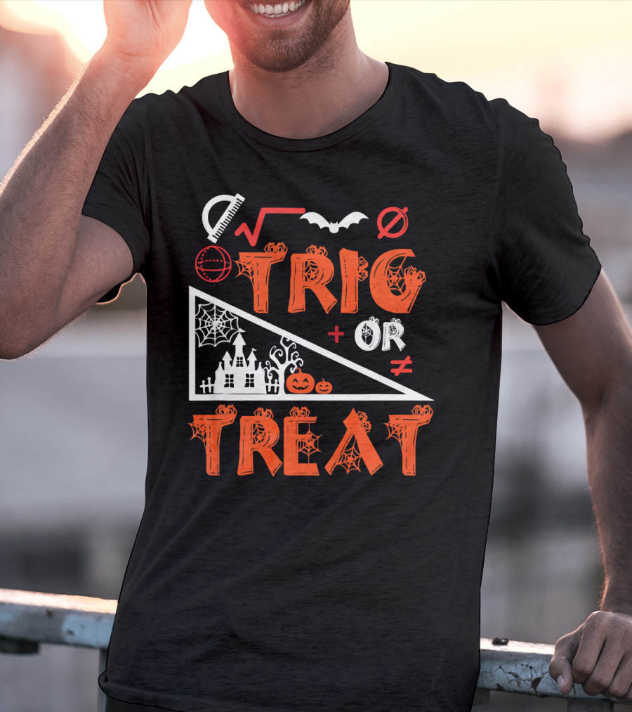 Trig Or Treat Math Halloween Costume Concept With Spooky Castle, Spider Webs, And Math Symbols T-Shirt