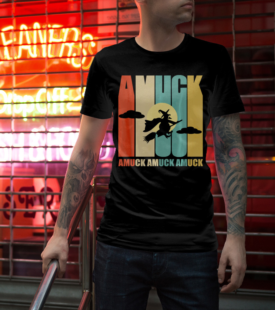 Amuck Amuck Amuck Vintage Witch On Broom Silhouette With Sunset Background T-Shirt