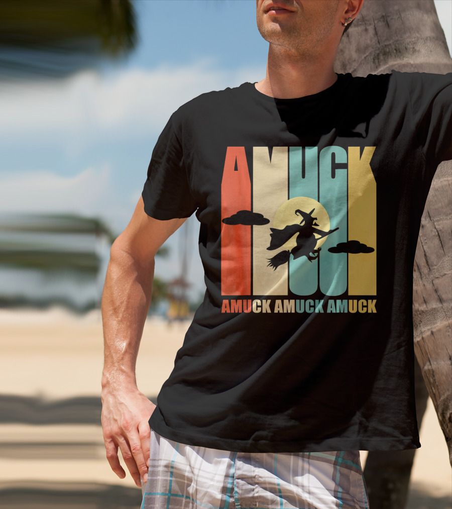 Amuck Amuck Amuck Vintage Witch On Broom Silhouette With Sunset Background T-Shirt