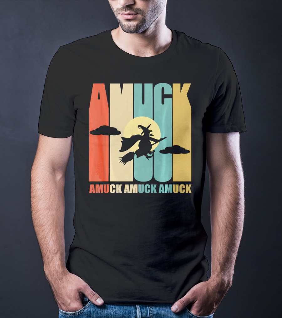 Amuck Amuck Amuck Vintage Witch On Broom Silhouette With Sunset Background T-Shirt