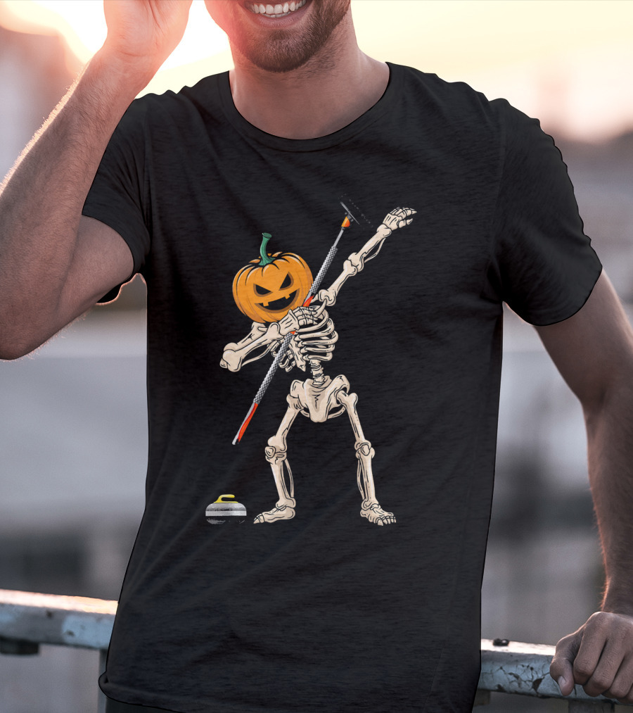 Pumpkin Skeleton Dabbing Curling Halloween T-Shirt