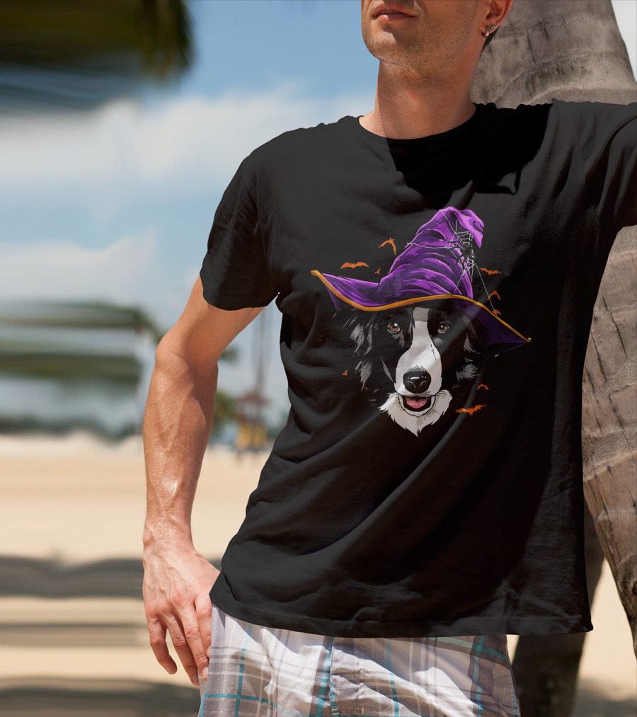 Border Collie Halloween Witch Hat With Flying Bats T-Shirt