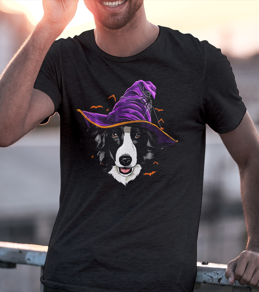 Border Collie Halloween Witch Hat With Flying Bats T-Shirt