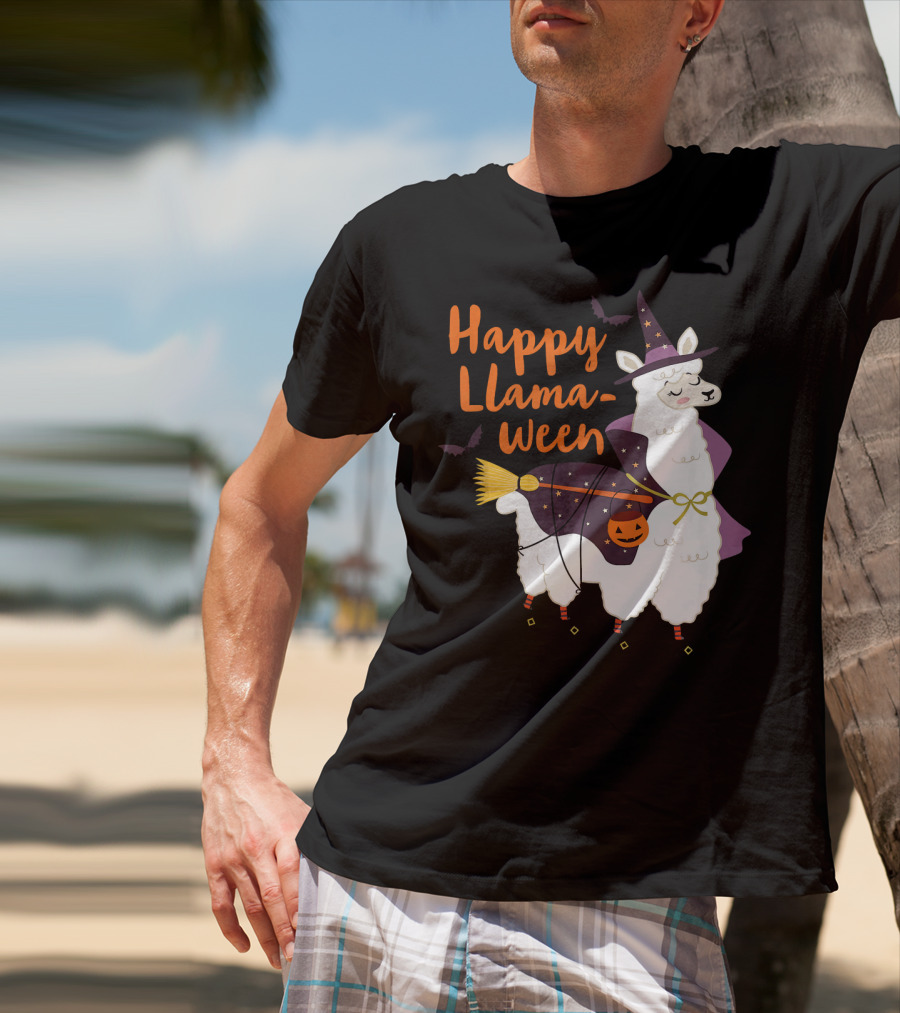 Happy Llamaween Witchy Halloween Llama With Hat And Broom T-Shirt