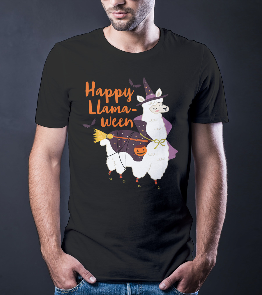 Happy Llamaween Witchy Halloween Llama With Hat And Broom T-Shirt
