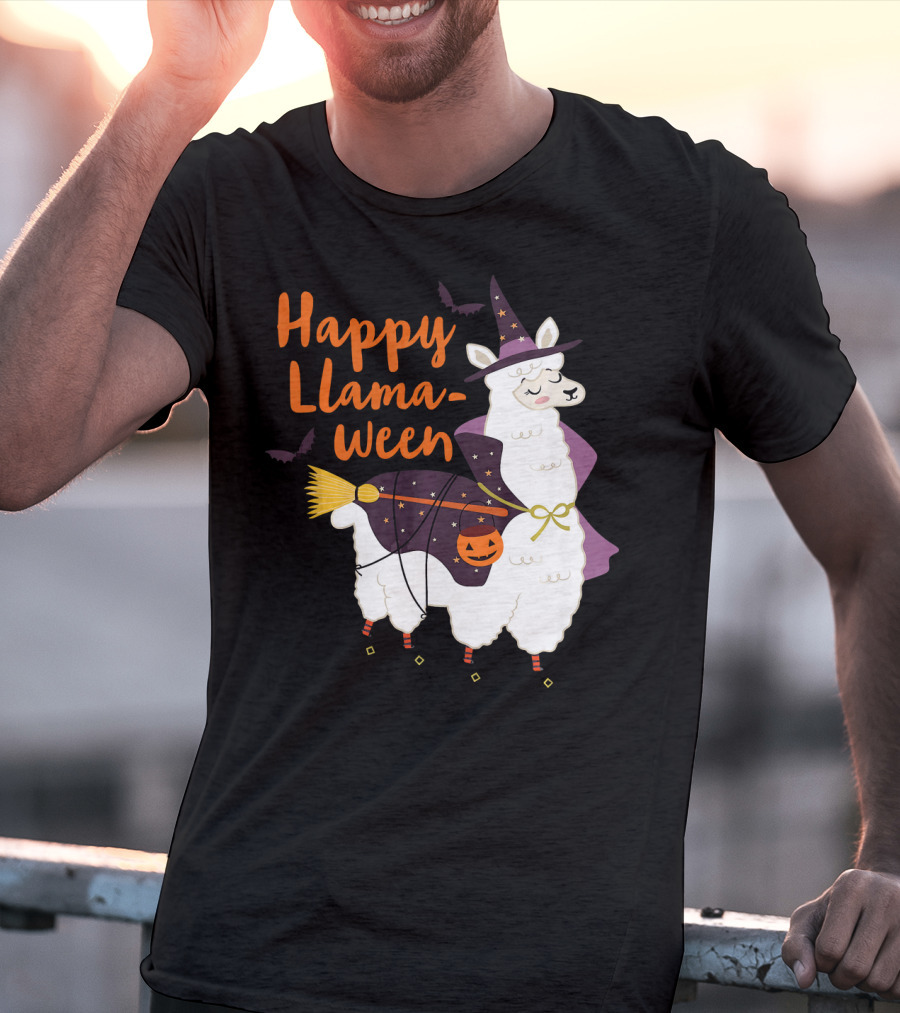 Happy Llamaween Witchy Halloween Llama With Hat And Broom T-Shirt