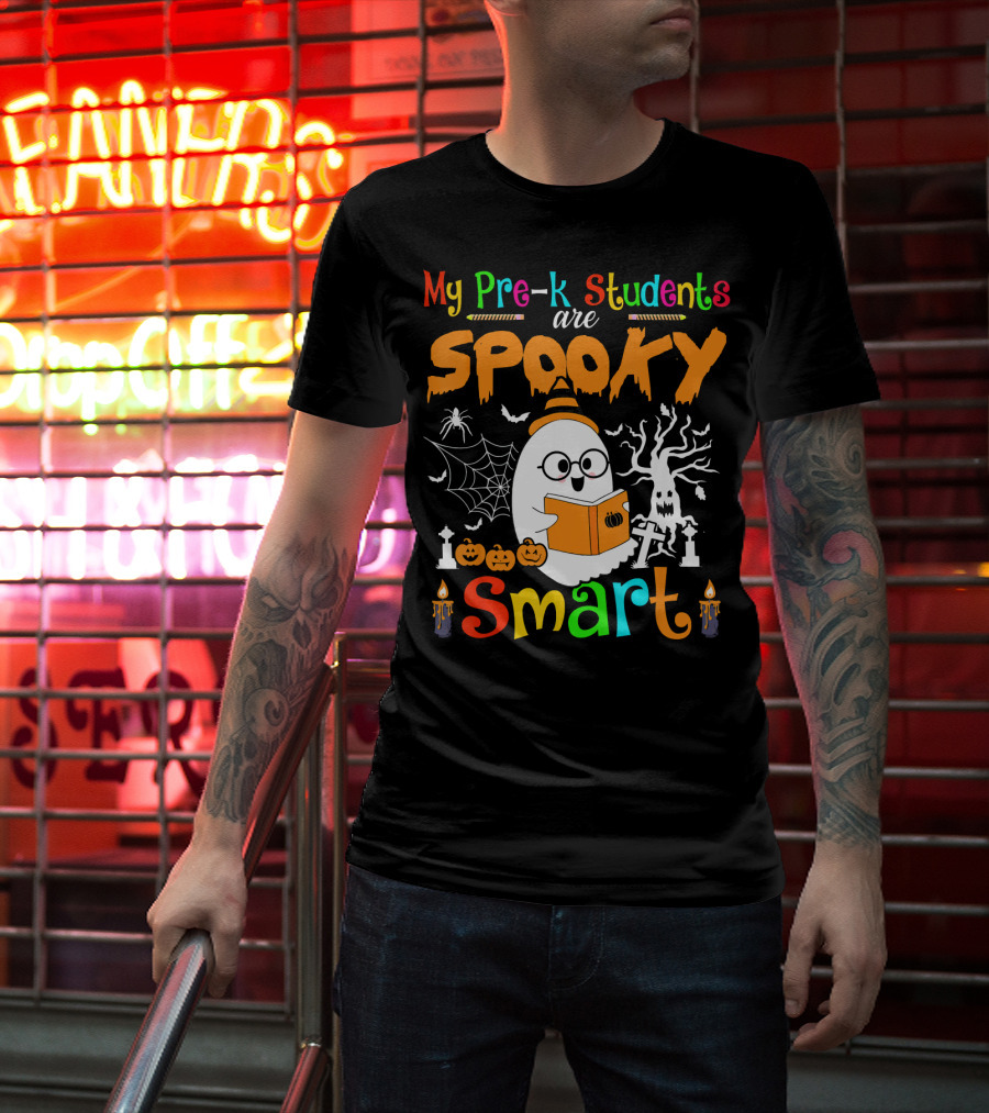 My Pre-K Students Are Spooky Smart Ghost With Book And Halloween Elements T-Shirt