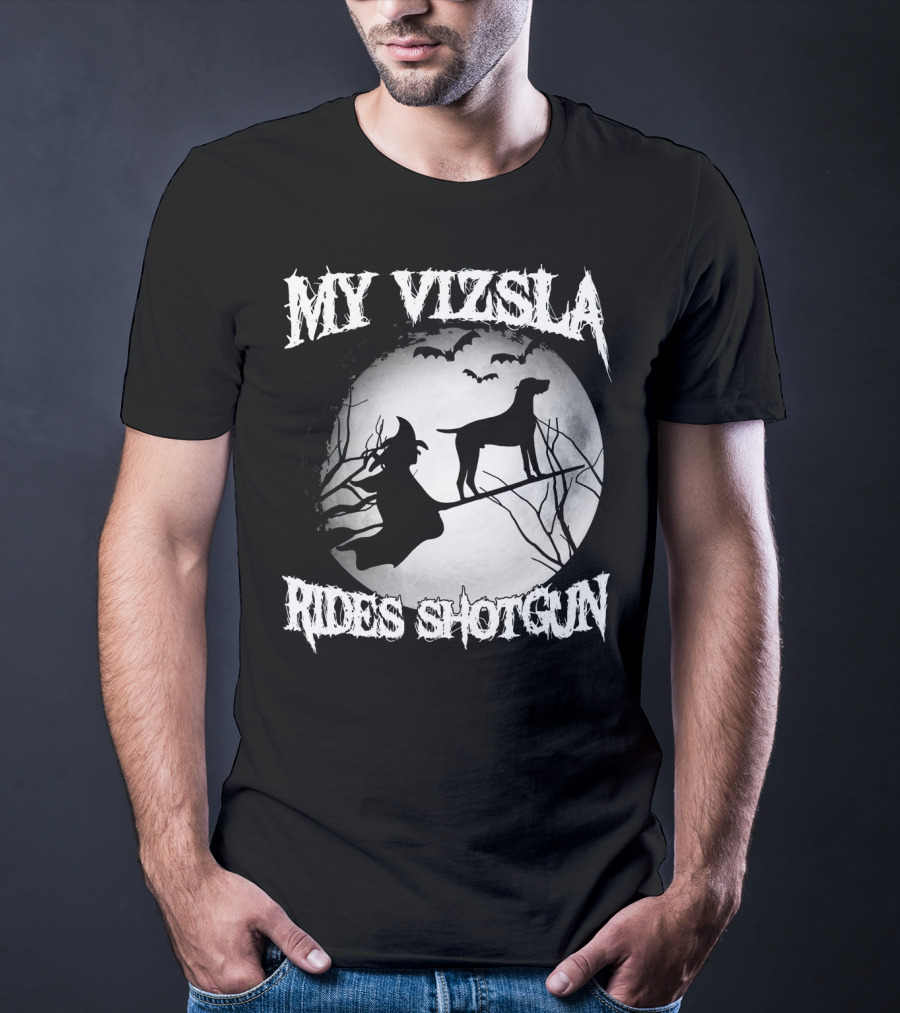 My Vizsla Rides Shotgun Halloween Witch Moon Bats T-Shirt