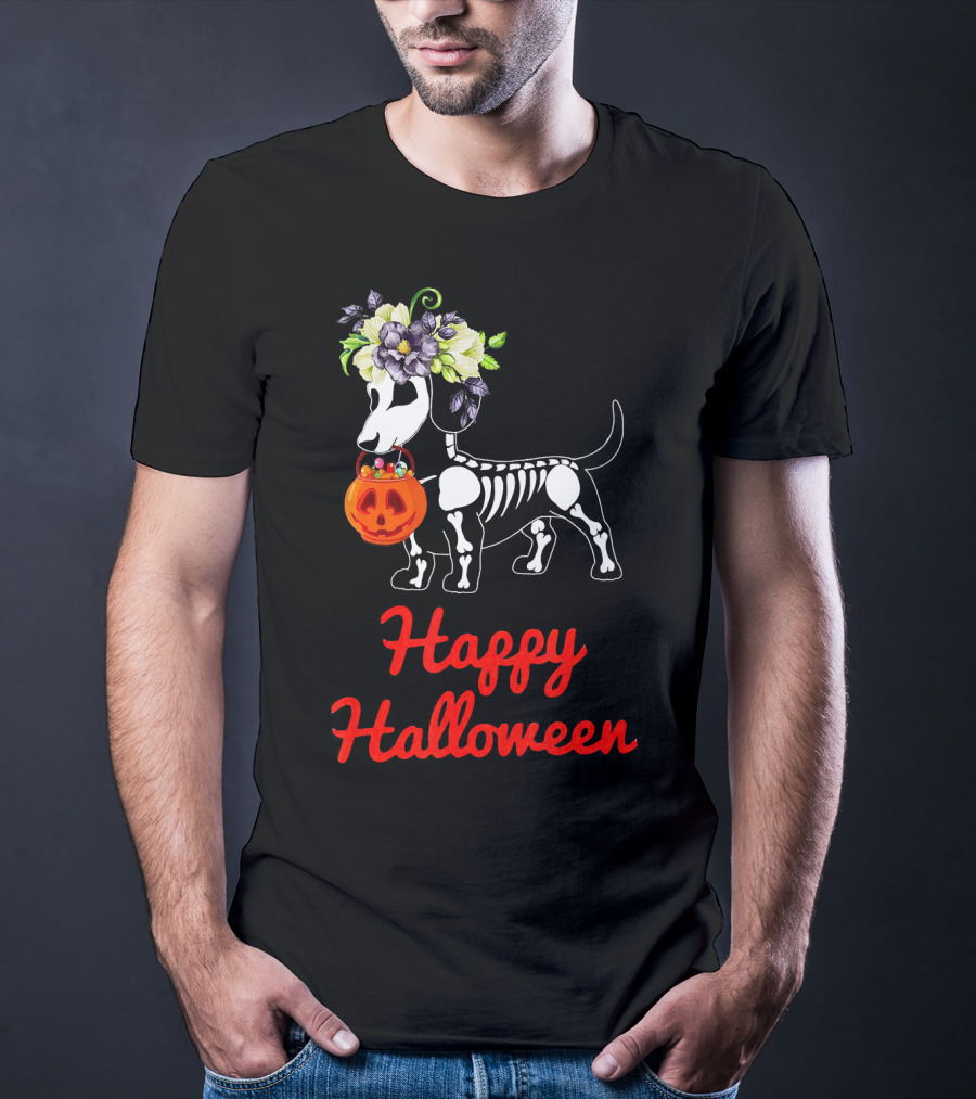 Happy Halloween Skeleton Dachshund With Pumpkin And Floral Crown T-Shirt