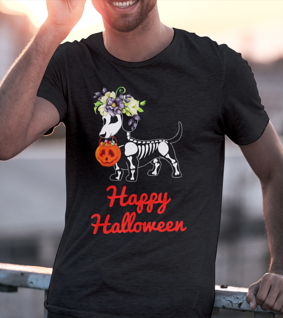 Happy Halloween Skeleton Dachshund With Pumpkin And Floral Crown T-Shirt