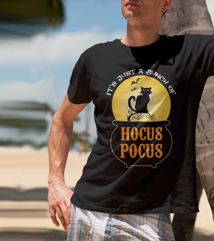 It's Just A Bunch Of Hocus Pocus Halloween Black Cat Cauldron Moon Bats T-Shirt
