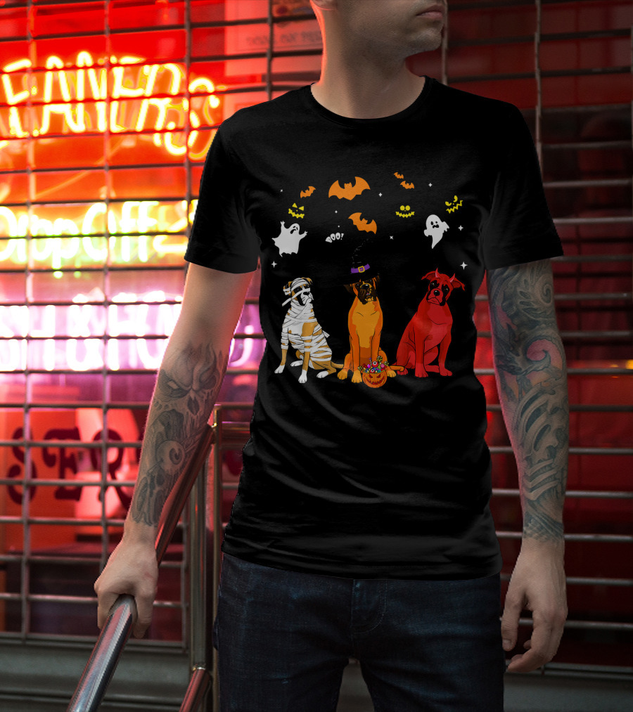 Halloween Boxer Dogs Mummy Witch Ghosts Bats T-Shirt