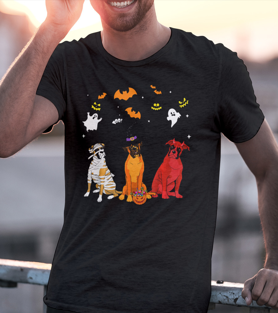 Halloween Boxer Dogs Mummy Witch Ghosts Bats T-Shirt
