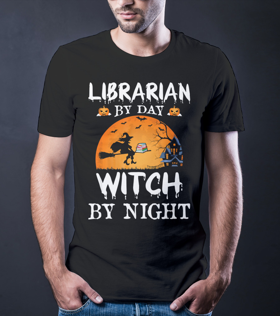 Librarian By Day Witch By Night Halloween Broomstick Silhouette With Books And Haunted House T-Shirt