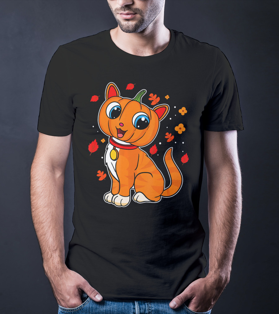 Halloween Pumpkin Cat With Autumn Leaves And Flowers T-Shirt